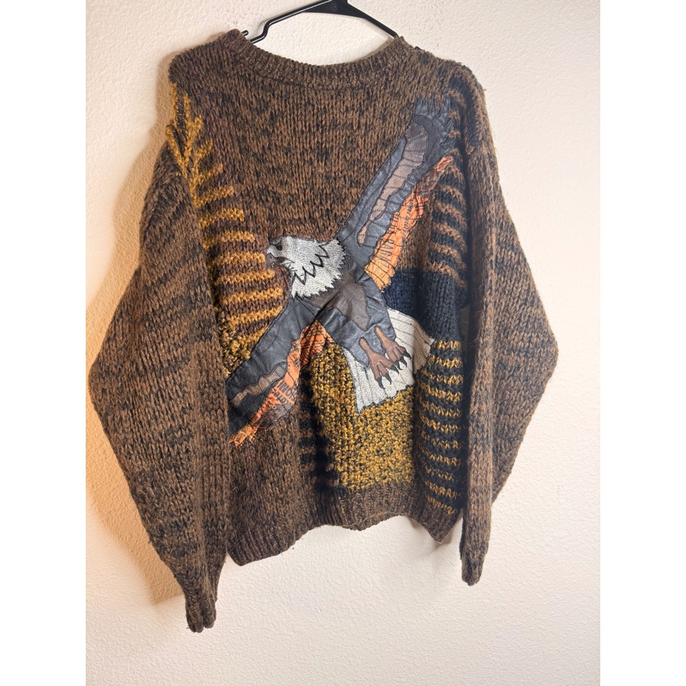 Index Unisex L Vintage oversized Chunky Sweater Eagle Leather Patch Brown Coogi